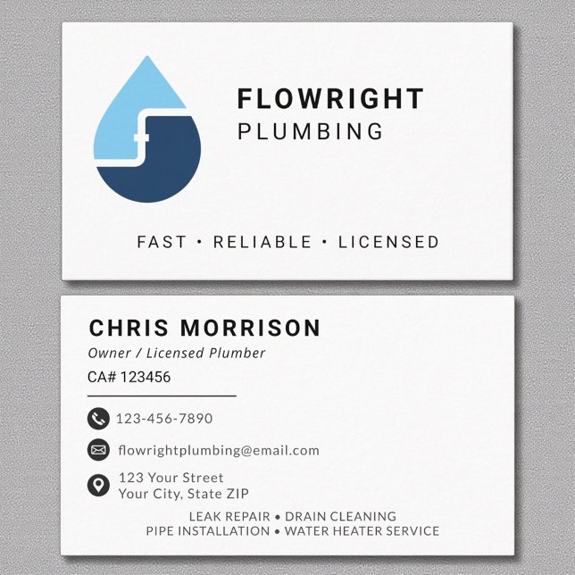 Plumber Licensed Contractor Professional Business Card (Creator Uploaded)