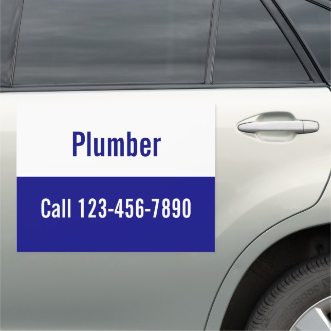 Plumber Navy Blue and White Phone Number Template Car Magnet (In Situ)