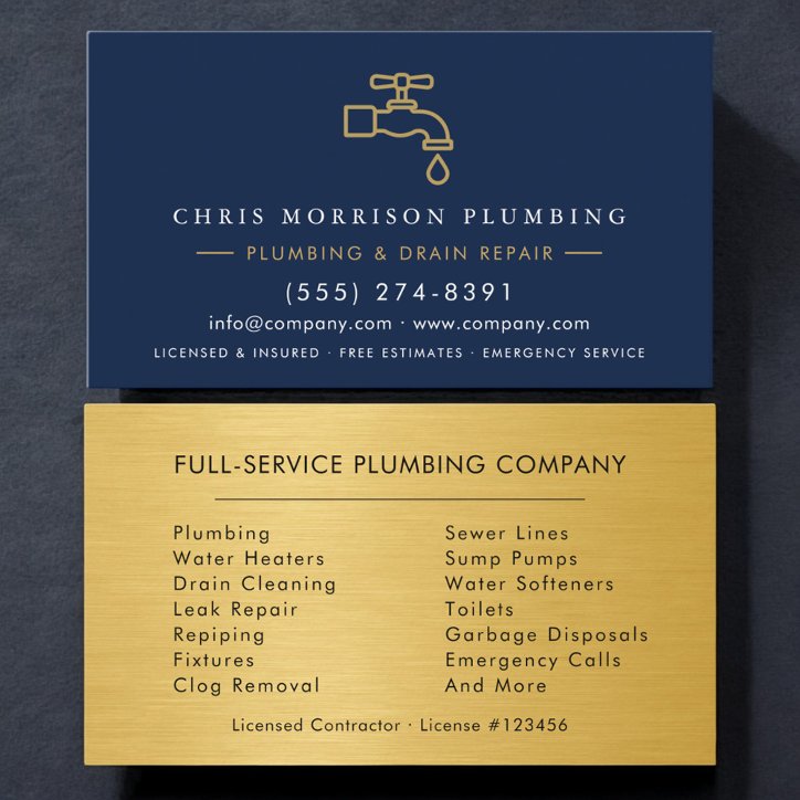 Plumber Navy Blue Gold Metallic Minimalist Business Card