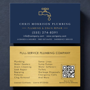 Plumber Navy Blue & Gold Metallic QR Code Business Card