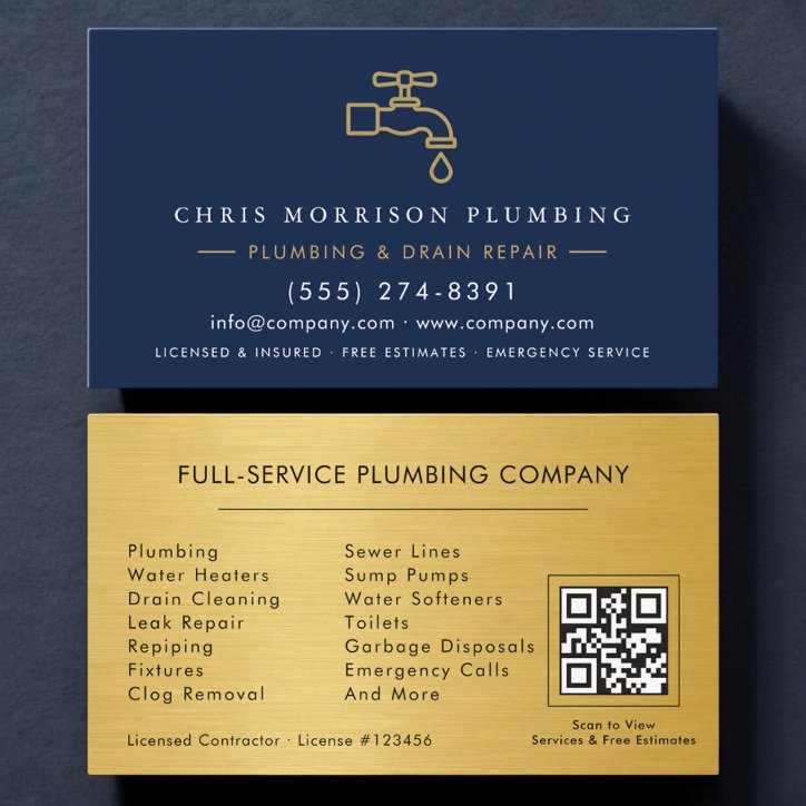 Plumber Navy Blue Gold Metallic QR Code Business Card