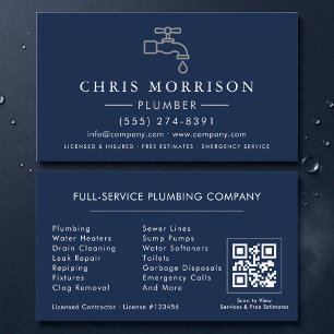 Plumber Navy Blue Silver QR Code Business Card