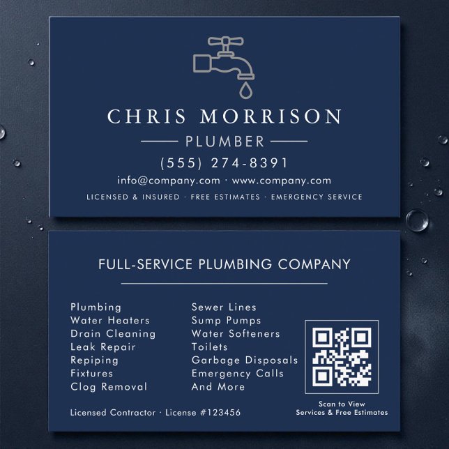 Plumber Navy Blue Silver QR Code Business Card (Creator Uploaded)