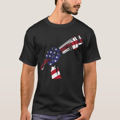 Plumber Pipe Wrench American Flag Pipe Wrench T_Shirt
