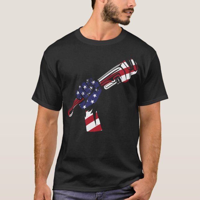 Plumber Pipe Wrench American Flag Pipe Wrench T-Shirt (Front)