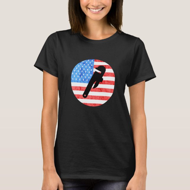 Plumber Pipe Wrenches Pipefitter American Flag Plu T-Shirt (Front)