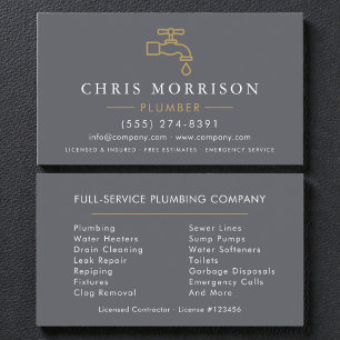 Plumber Plumbing Gray Gold Business Card