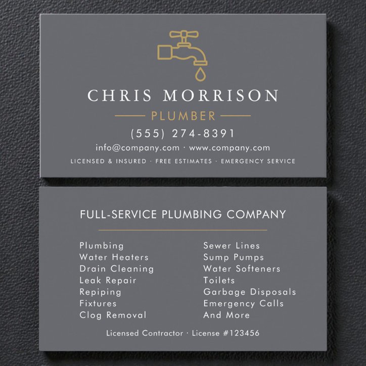 Plumber Plumbing Gray Gold Business Card