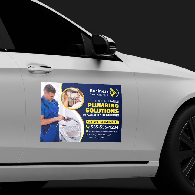 Plumber Plumbing Technician Contractor Blue Gold Car Magnet (Creator Uploaded)