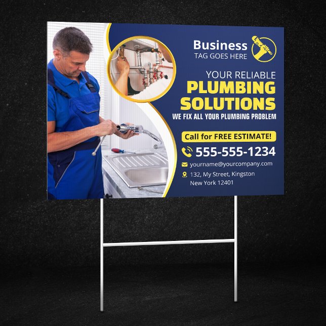 Plumber Plumbing Technician Contractor Blue Gold Sign (Creator Uploaded)