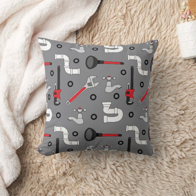 Plumber Plumbing Tool Patterned Gray Throw Pillow (Blanket)