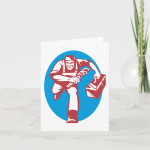 Plumber Running with Wrench and Toolbox Card