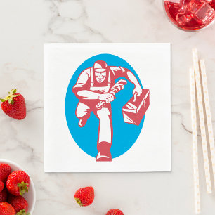 Plumber Running with Wrench and Toolbox Napkins
