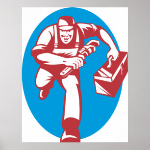 Plumber Running with Wrench and Toolbox Poster