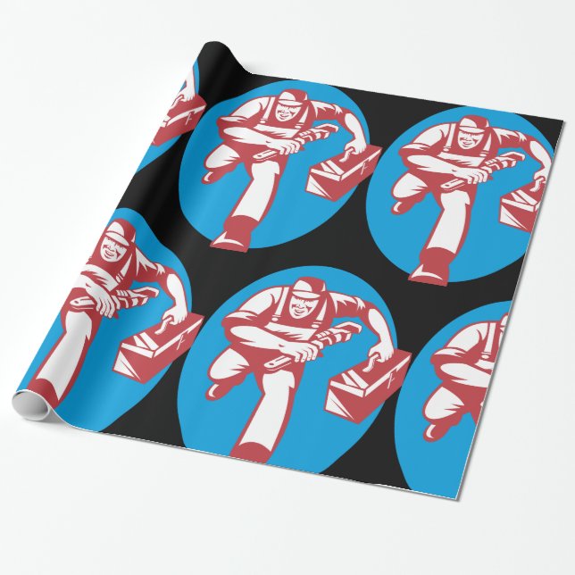 Plumber Running with Wrench and Toolbox Wrapping Paper (Unrolled)