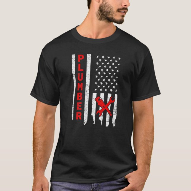 Plumber USA Flag Pipe Wrench Tradesman plumbing Pi T-Shirt (Front)