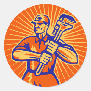 Plumber wielding holding monkey wrench retro classic round sticker