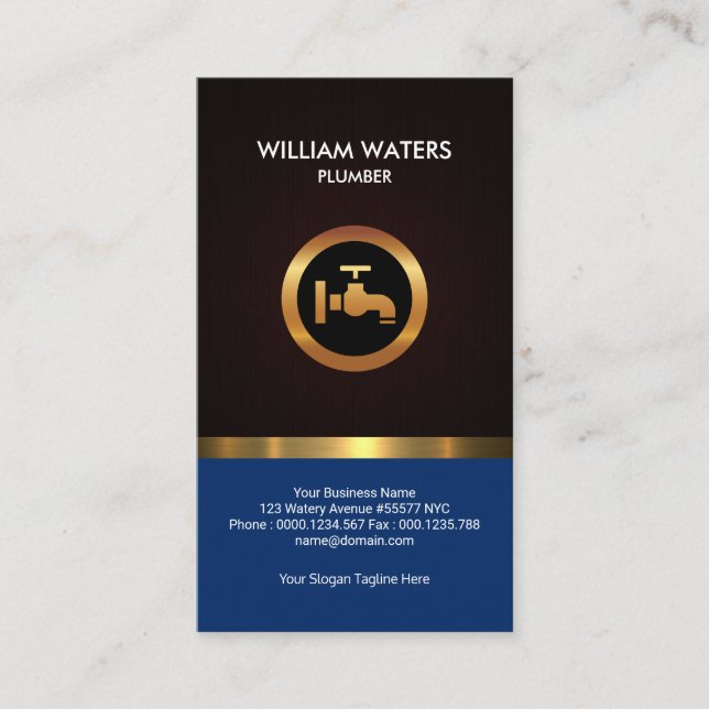Plumber's Striking Gold Icon Blue Water Wood Grain Business Card (Front)