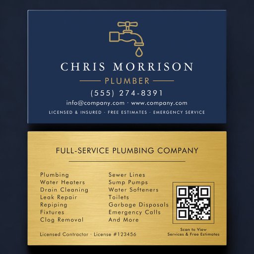 Customizable Plumbing and Heating Plumber QR Code Business Card