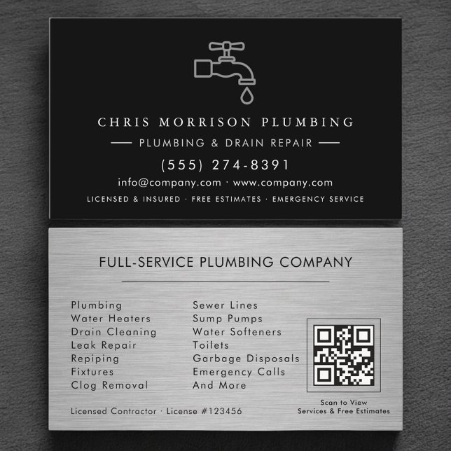 Plumbing Company Silver Metallic QR Code Business Card (Creator Uploaded)