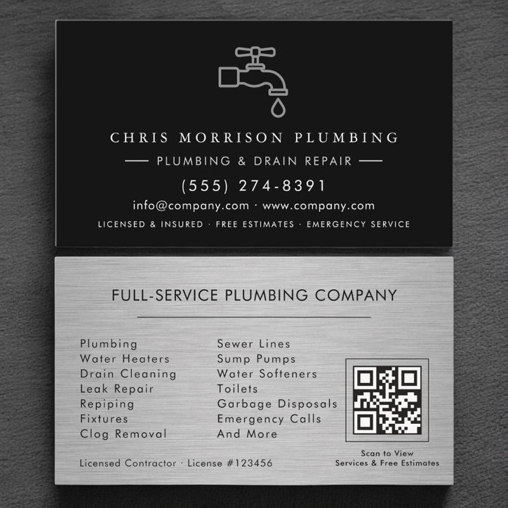 Plumbing Company Silver Metallic QR Code Business Card
