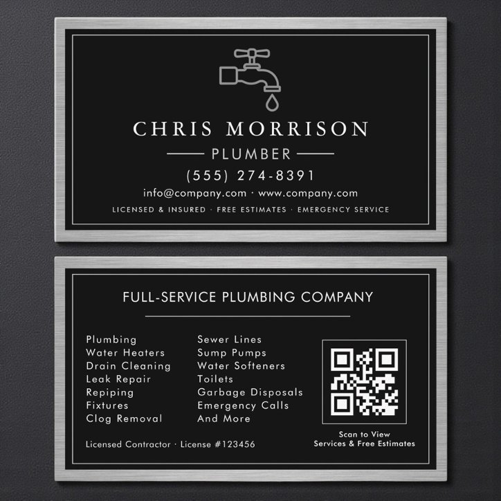 Plumbing Contractor Industrial Metallic QR Code Business Card