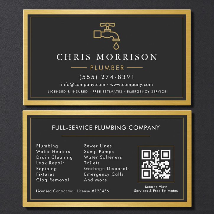 Plumbing Contractor Modern Metallic QR Code Business Card