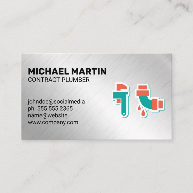 Plumbing Icons | Aluminum Metal Background Business Card (Front)