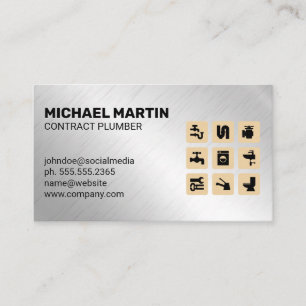 Plumbing Icons   Aluminum Metallic Background Business Card
