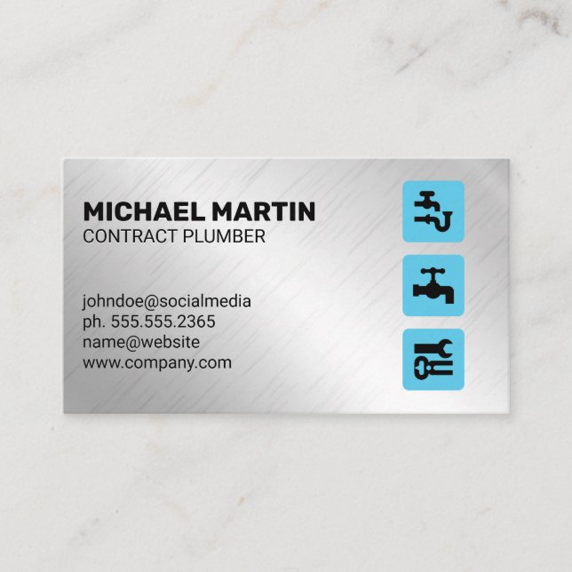 Plumbing Icons | Metal Background Business Card (Front)