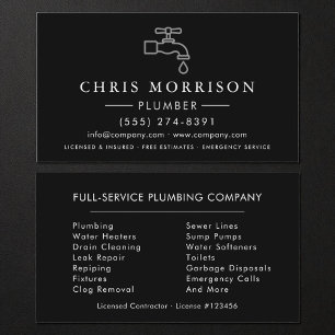 Plumbing Plumber Black Silver Minimalist Business Card