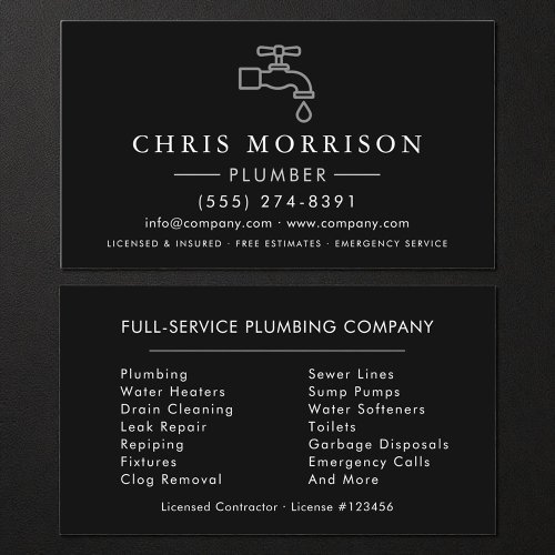 Plumbing Plumber Black Silver Minimalist Business Card