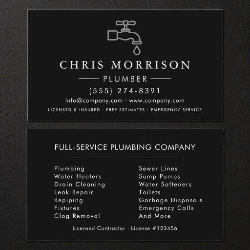 Customizable Plumbing Plumber Black Silver Minimalist Business Card