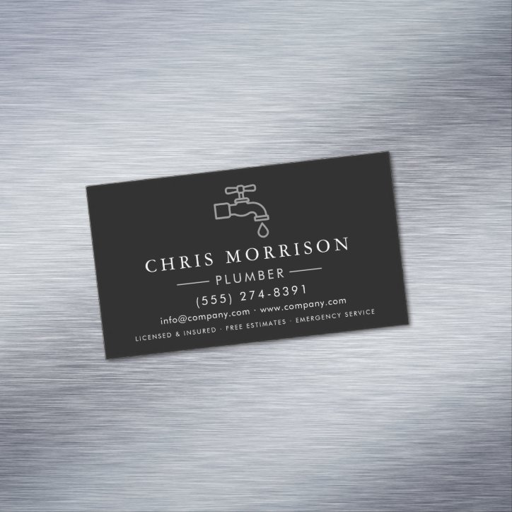 Plumbing Plumber Black Silver Minimalist Business Card Magnet