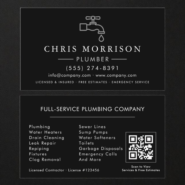 Plumbing Plumber Black Silver QR Code Business Card (Creator Uploaded)
