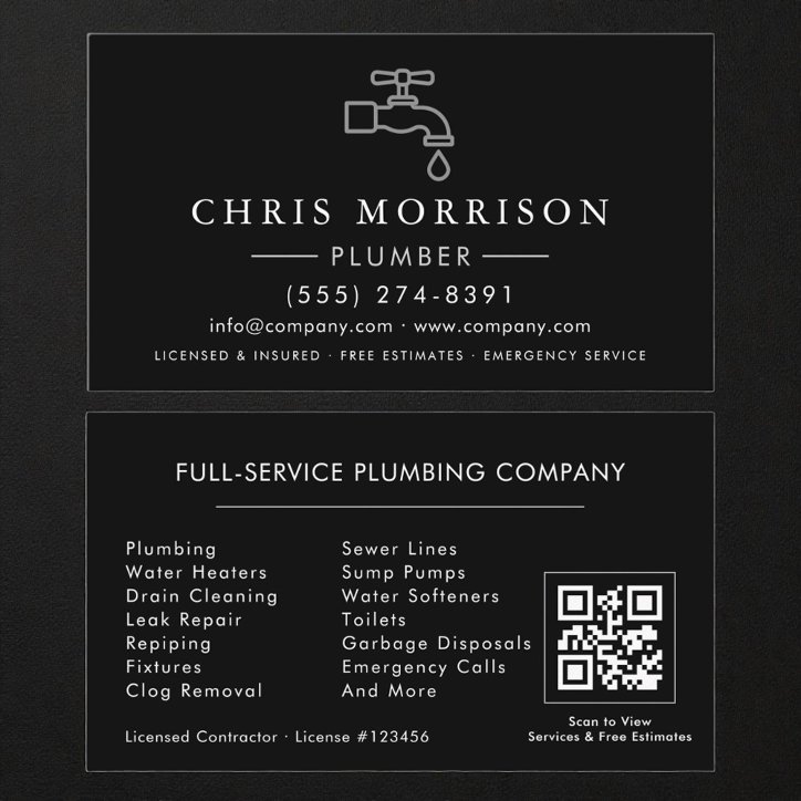 Plumbing Plumber Black Silver QR Code Business Card