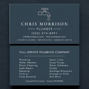 Plumbing Plumber Blue Silver Minimalist Business Card