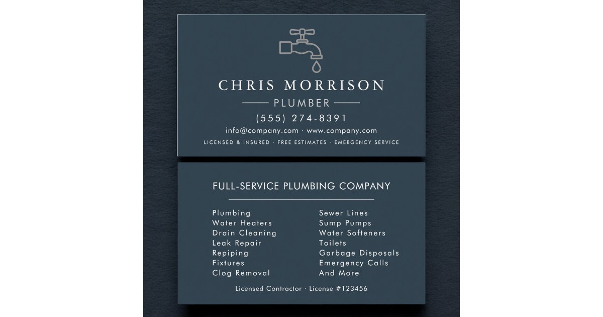 Plumbing Plumber Blue Silver Minimalist Business Card | Zazzle