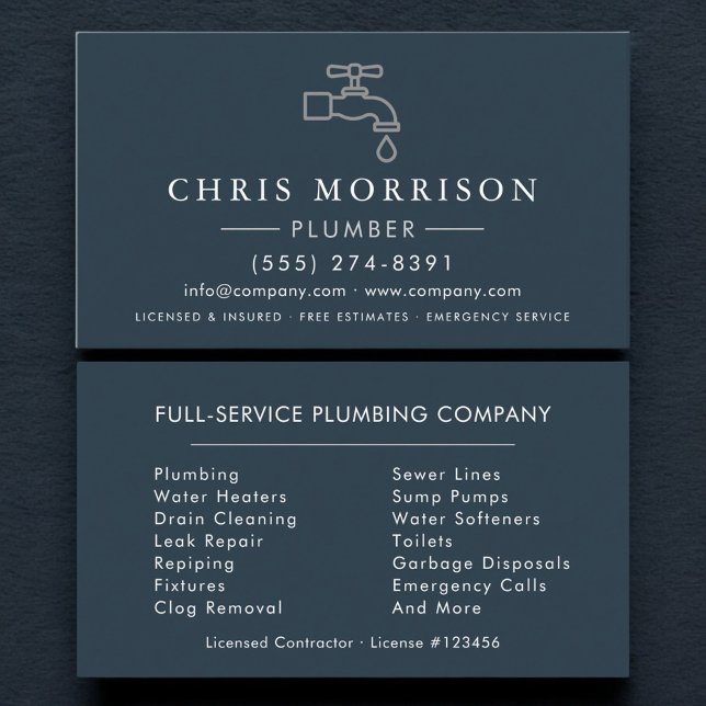Plumbing Plumber Blue Silver Minimalist Business Card (Creator Uploaded)