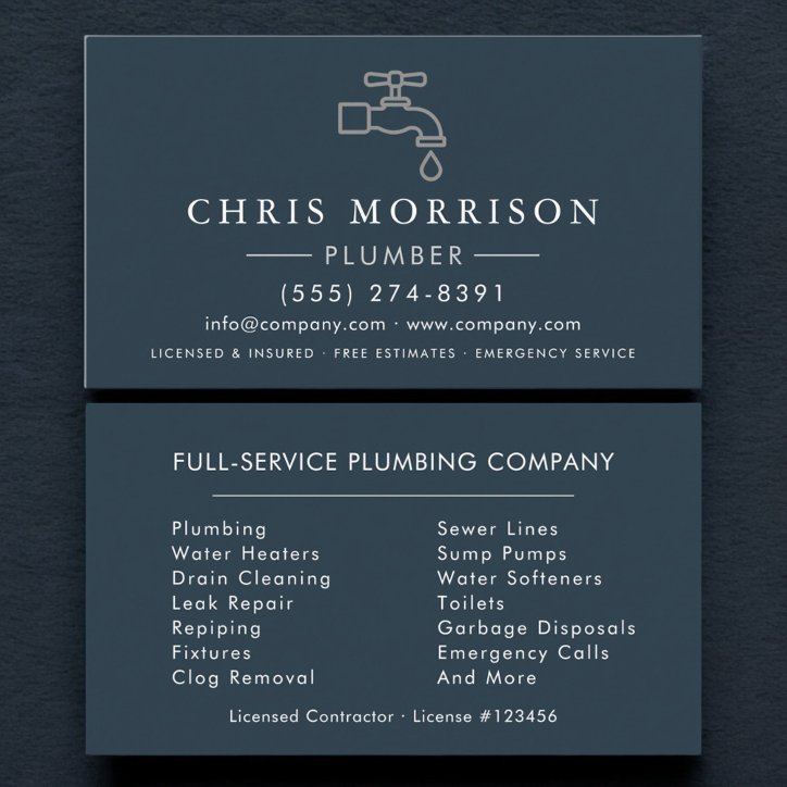 Plumbing Plumber Blue Silver Minimalist Business Card