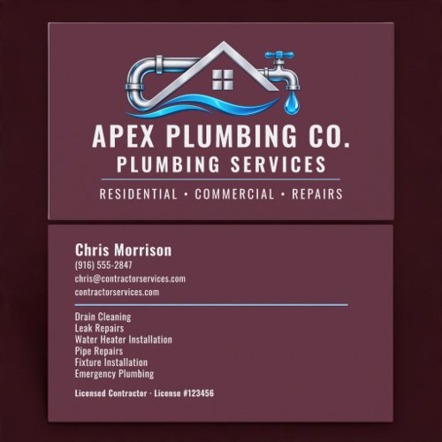 Plumbing Plumber Burgundy Professional Services Business Card