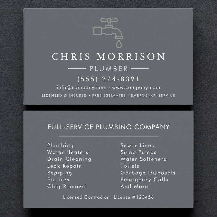 Plumbing Plumber Gray Silver Minimalist Business Card