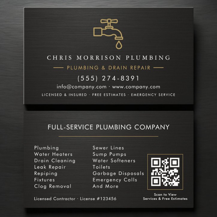 Plumbing QR Code Metallic Black Gold Business Card