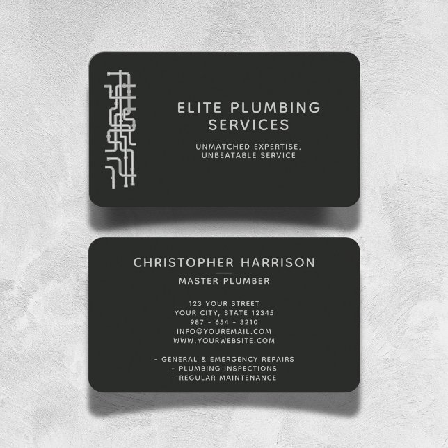 Plumbing Repair Service Water Pipes Modern Black Business Card (Creator Uploaded)