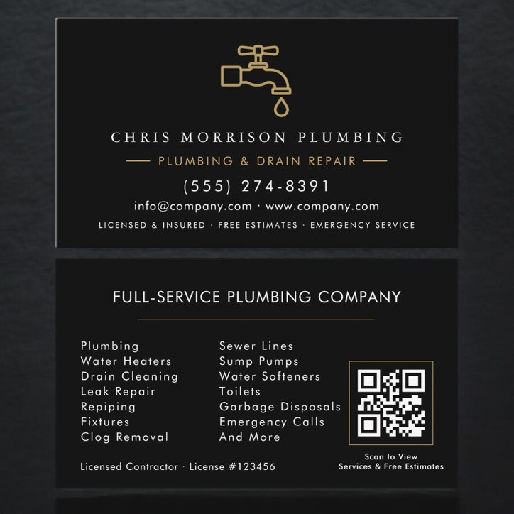 Plumbing Service Black Gold QR Code Business Card