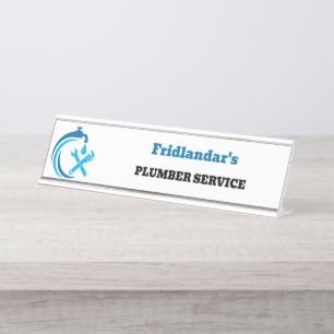 Plumbing Service Blue Water Drop Logo Plumber Desk Name Plate