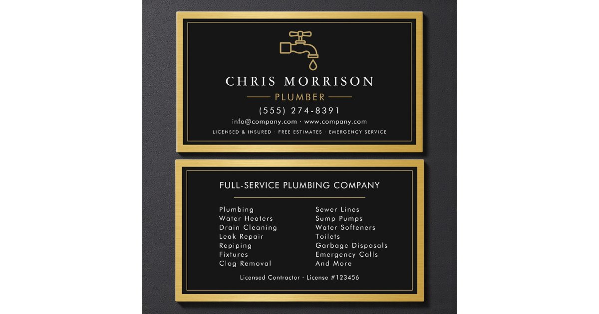 Plumbing Service Company Plumber Gold Metallic Business Card | Zazzle