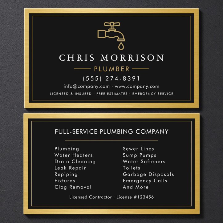 Plumbing Service Company Plumber Gold Metallic Business Card