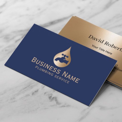 Customizable Plumbing Service Gold Water Drop Plumber Navy Blue Business Card