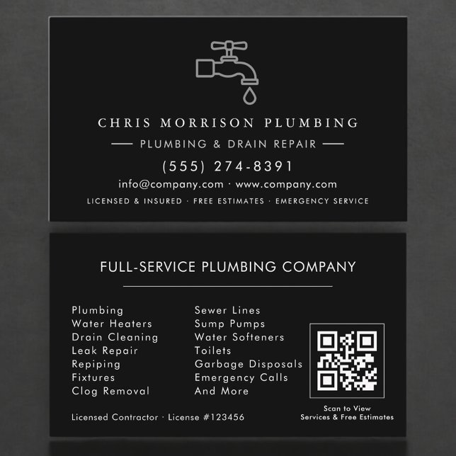 Plumbing Service QR Code Faucet Water Drop Icon Business Card (Creator Uploaded)